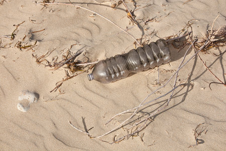 Sand texture with a plastic bottle carried by the sea