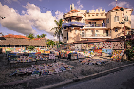 BAYAHIBE, DOMINICAN REPUBLIC 23 DECEMBER 2019: Dominican paintings on display