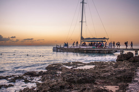 BAYAHIBE, DOMINICAN REPUBLIC 21 JANUARY 2020: Catamaran returning from Saona islad in Dominican...