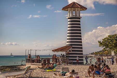 DOMINICUS, DOMINICAN REPUBLIC 6 FEBRAURY 2020: View of Dominicus beach near Bayhaibe with the lighthouse taken in the sunset hoursのeditorial素材