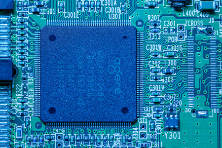 Electronic components detail with clearly visible construction and functional details of the chip