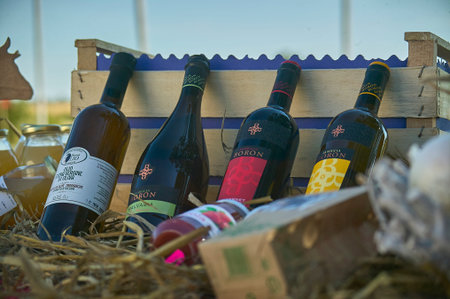LENDINARA , ITALY 24 MARCH 2020: Food composition with wine bottlesのeditorial素材