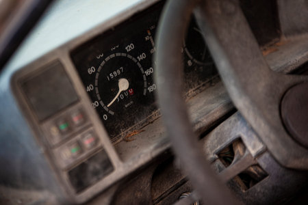 Old abandoned and rusty car interior detail