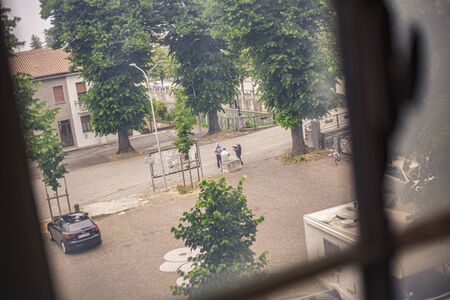 Empty little city park from above in Villanova del Ghebbo, Italyの写真素材