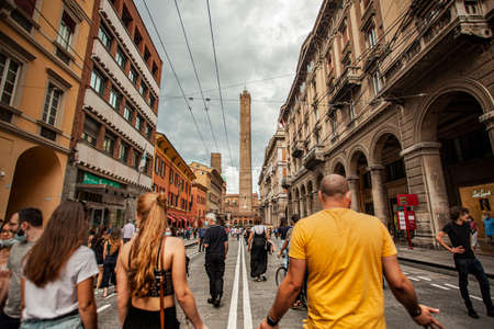 BOLOGNA, ITALY 17 JUNE 2020: Via Rizzoli in Bologna, Italy with his historical Building and the Asinelli Tower at the endのeditorial素材