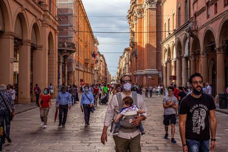 BOLOGNA, ITALY 17 JUNE 2020: Via dell'Indipendenza in Bologna: A famous Historic alley of the Cityのeditorial素材