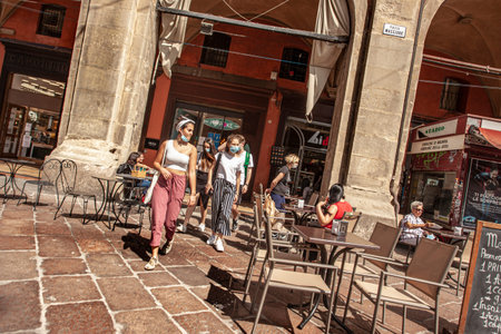 BOLOGNA, ITALY 17 JUNE 2020: People in Piazza Maggiore in Bologna, Italy