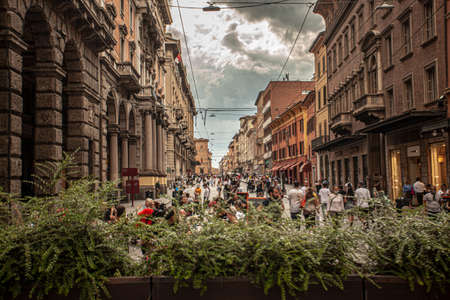 BOLOGNA, ITALY 17 JUNE 2020: Via Rizzoli in Bologna, Italy with his historical Buildingのeditorial素材