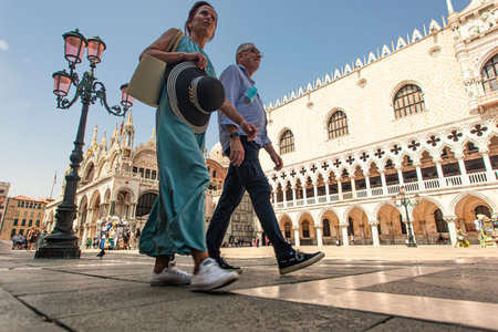 VENICE, ITALY 2 JULY 2020: Saint Mark square in Venice with people walkingのeditorial素材
