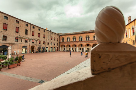 FERRARA, ITALY 29 JULY 2020: Piazza municipale in Ferrara, a famous square in the historical city...