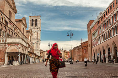 FERRARA, ITALY 29 JULY 2020: Trento Trieste square view in Ferrrara in Italyのeditorial素材