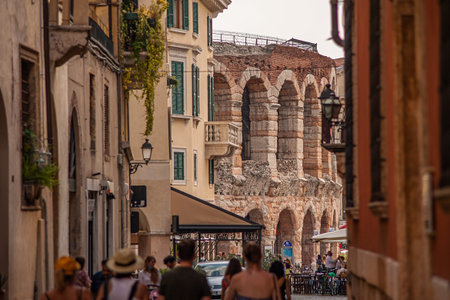 VERONA, ITALY 10 SEPTEMBER 2020: Detail of Arena di Verona, the most famous ancient building in the cityのeditorial素材