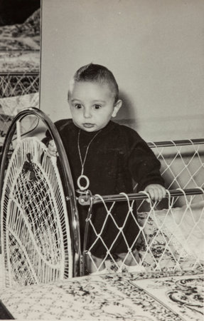 ROVIGO, ITALY OCTOBER 1958: Baby in the bed in 50sのeditorial素材