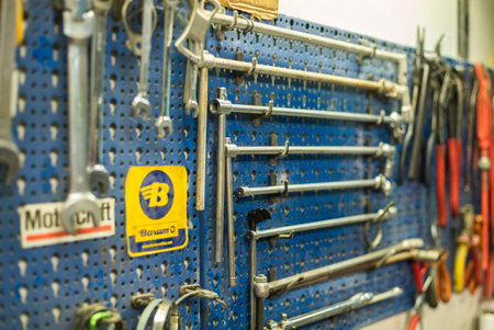 MILAN, ITALY 3 FEBRUARY 2020: Rusty metal vice on the machine shop benchのeditorial素材