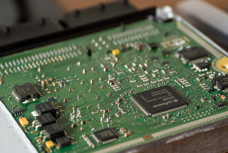 MILAN, ITALY 5 APRIL 2021: Macro detail of Car ecu bench reading methodのeditorial素材