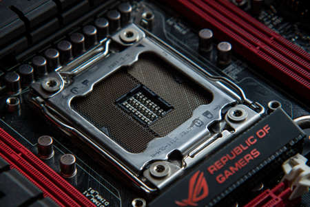 LOS ANGELES, USA 25 APRIL 2021: Detail of a Cpu socket in a motherboard of a gaming pcのeditorial素材