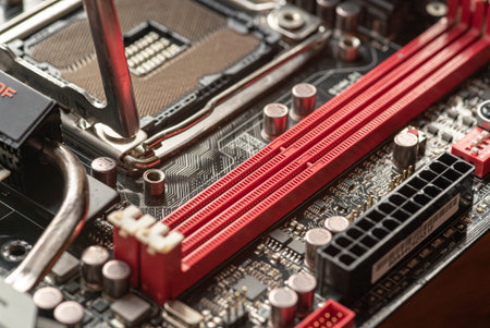 LOS ANGELES, USA 25 APRIL 2021: Detail of Ram memory dimm in a motherboard inside a pc