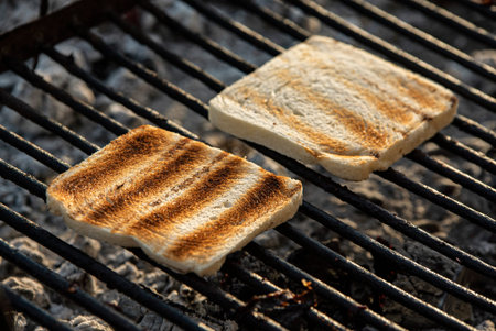 Cooking grilled and roasted bread detail, food grill cooking