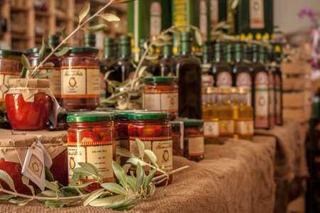 ROVIGO, ITALY 21 JULY 2021: Jars of organic jam in the storeのeditorial素材