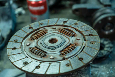 View on new clean car truck clutch component part detail. Car clutch disc disk parts details components for maintenance repair Carの写真素材