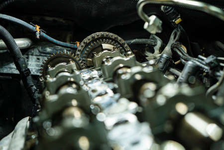 Detail of Timing chain of the car engine disassembled for maintenanceの写真素材