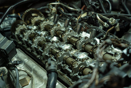 Detail of Car engine camshafts disassembled for maintenance
