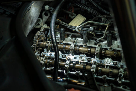 Detail of Car engine camshafts disassembled for maintenance