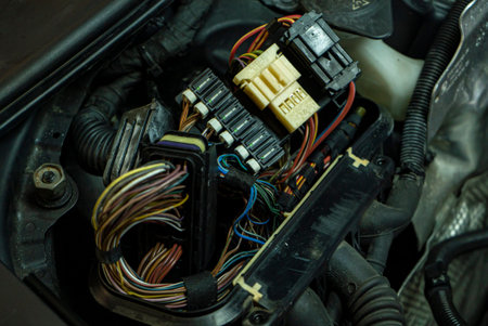 Detail of Modern car engine ecu electrical cables