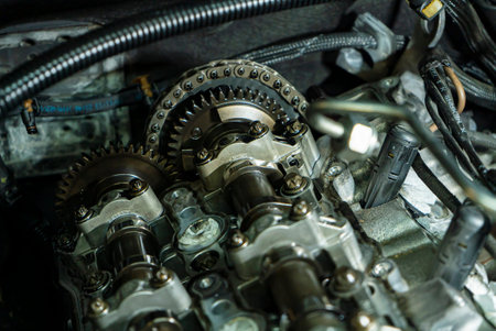 Detail of Timing chain of the car engine disassembled for maintenance