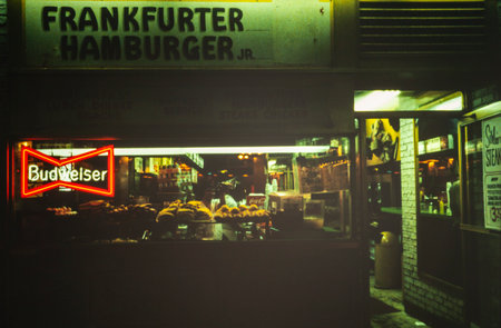 NEW YORK, UNITED STATES MAY 1970: Hamburger restaurant at night in 70'sのeditorial素材