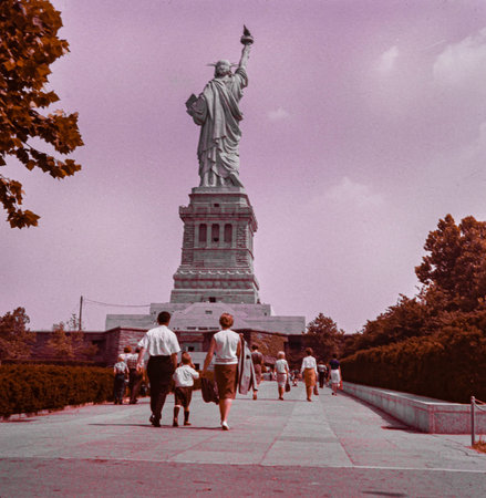 NEW YORK, UNITED STATES MAY 1970: Walkway to Liberty statue in 70's
