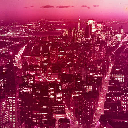 NEW YORK, UNITED STATES MAY 1970: Aerial view of Manhattan at night in 70'sのeditorial素材