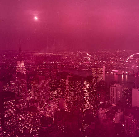 NEW YORK, UNITED STATES MAY 1970: New York city aerial view at night in 70'sのeditorial素材