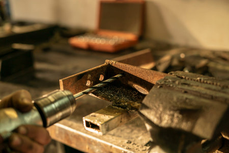 Detail of Drill drills metal in an artisan workshop