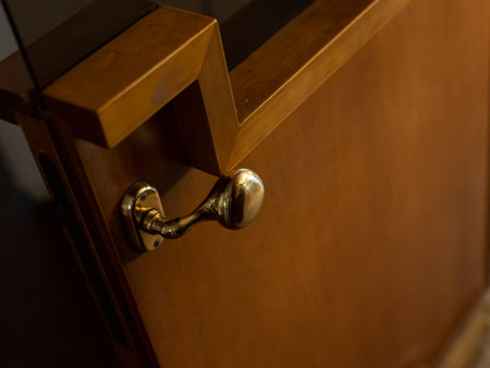 Detail of Luxurious wooden door handle in low light shot
