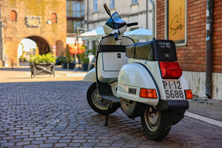 Rome, Italy 29 july 2022: Scooter Vespa parked on old street in Rome, Italyのeditorial素材