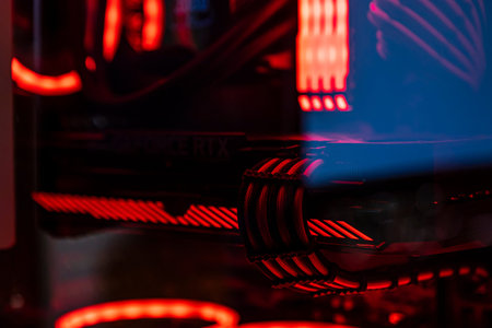 A graphics card with a futuristic design. Powerful gaming graphics card for video games and...