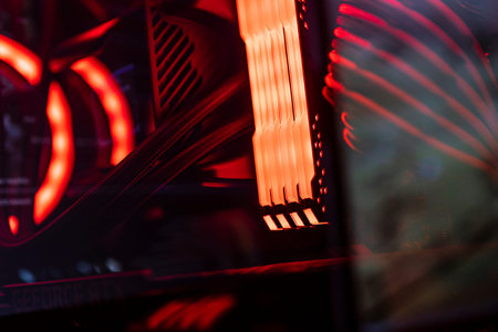 Milan, Italy 30 august 2022: Close-up Macro Shot of Installed RAM Memory in Computer Motherboard Slot. Technically Advanced PC / Server System. Modern High-End PCの写真素材