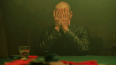 A worried poker player sits at a dimly lit table, nervously sipping on a glass of whiskey. The...
