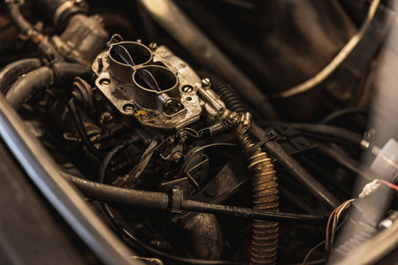 Close-up of a classic car engine carburetor.の写真素材