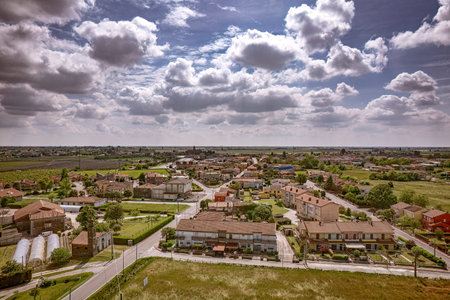 Bird's-eye view of the rural village Villanova del Ghebbo in Northern Italyの写真素材