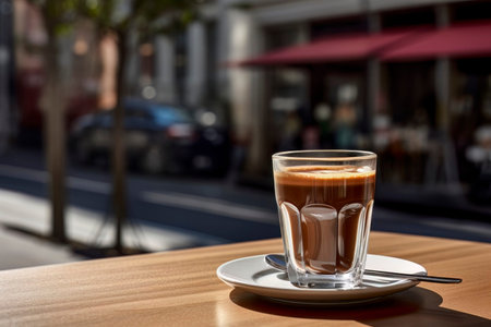 A glass of cappuccino on a bar table, offering a view of the bustling city street.の写真素材