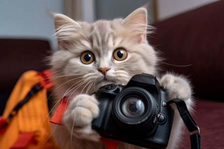An adorable gray cat is seen holding a camera, capturing a unique moment.の写真素材