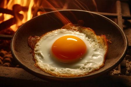 Close-up shot of a fresh egg being fried in a sizzling hot pan, creating a mouthwatering breakfast scene.の写真素材