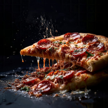 A tantalizing shot of a mouth-watering pizza, showcasing the melty cheese and array of toppings.の写真素材