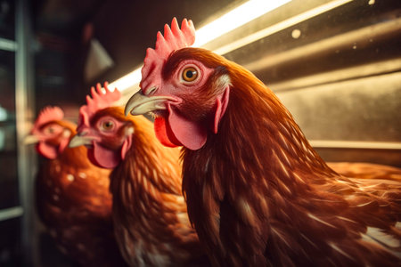 A captivating image capturing the essence of poultry farming with chickens in a livestock setting.の写真素材