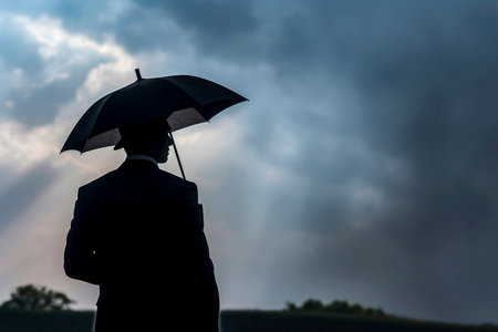 A captivating black and white photo featuring the silhouette of a man holding an umbrella.