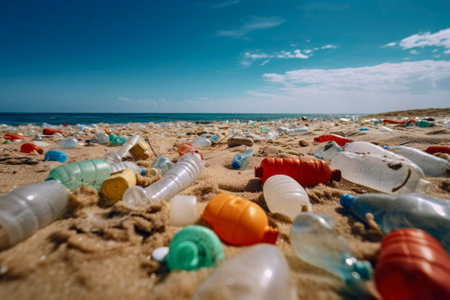 A poignant photo capturing the plastic waste littering a beach, representing the alarming issue of environmental pollution.の写真素材