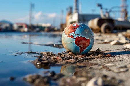 A thought-provoking photo depicting a discarded and shattered globe surrounded by waste, representing the mistreatment and pollution of our planet.の写真素材