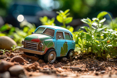 Witness the playful representation of a toy car adorned with the colors of the world, set amidst lush green grass, symbolizing the drive towards a sustainable and eco-friendly world.の写真素材